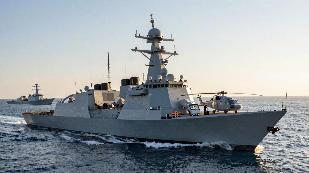 Navio de guerra militar cinzento com helicóptero no convés a navegar no mar durante o pôr do sol.