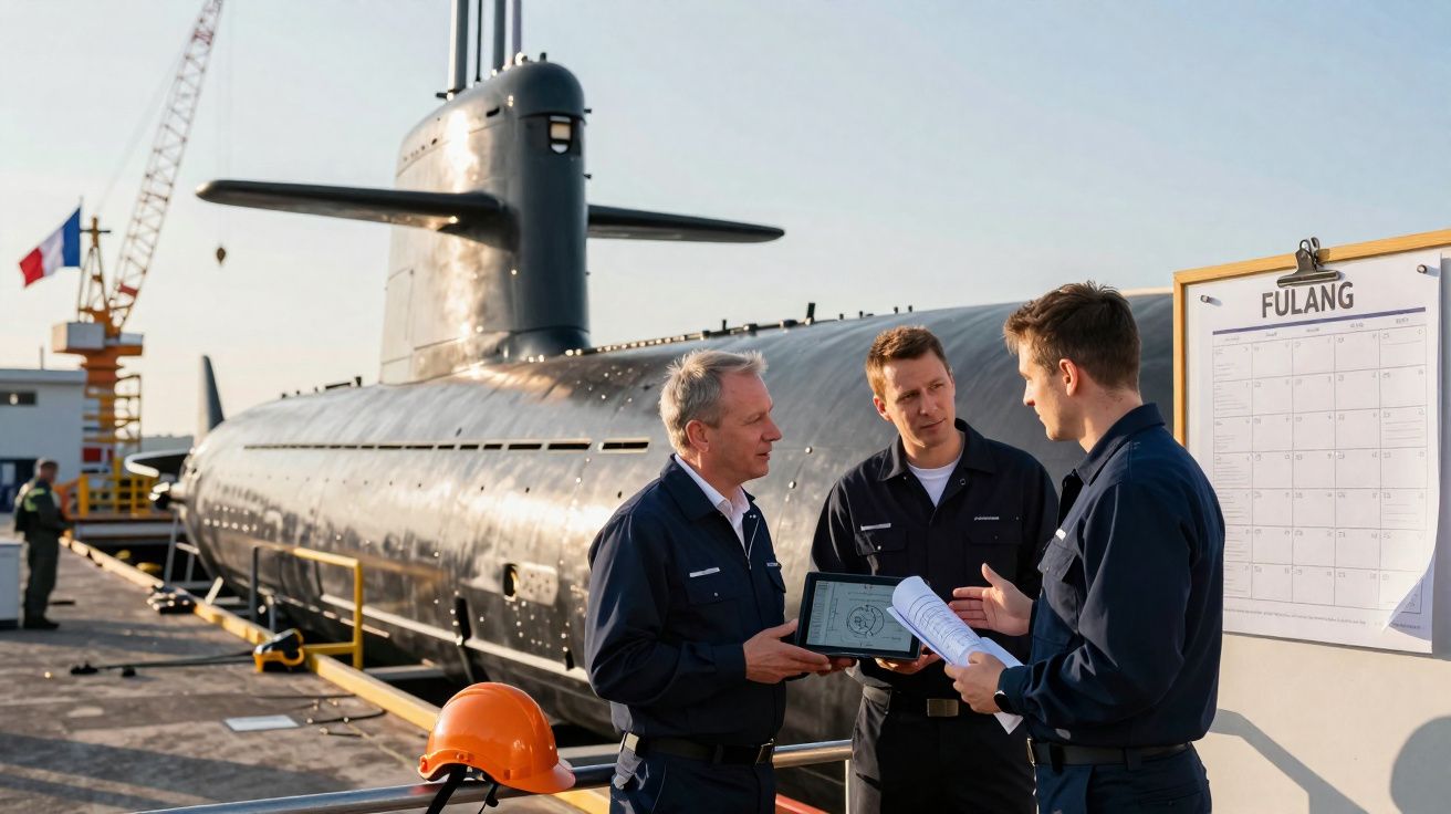Três homens em uniforme azul discutem documentos junto a um submarino atracado num porto.