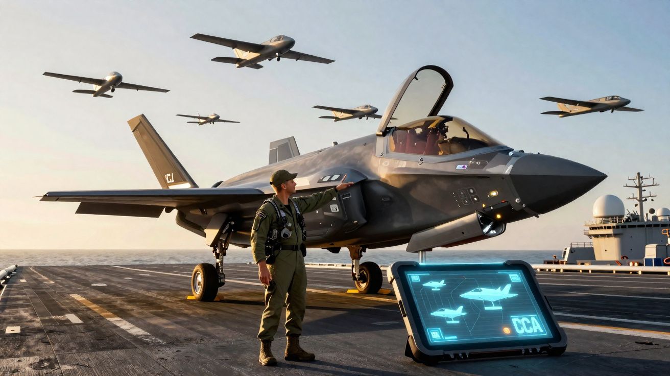 Piloto junto a caça furtivo numa porta-aviões com drones militares a sobrevoar o mar ao fundo.