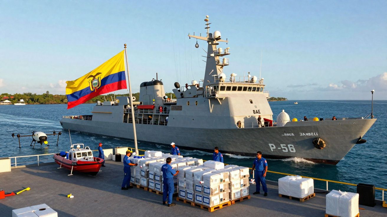 Navio da marinha ao largo com a bandeira do Equador e tripulantes a organizar caixas numa doca.