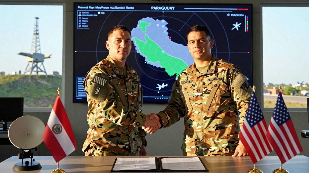 Dois militares em uniforme camuflado apertam as mãos em frente a bandeiras do Paraguai e dos EUA, com mapa digital ao fundo.