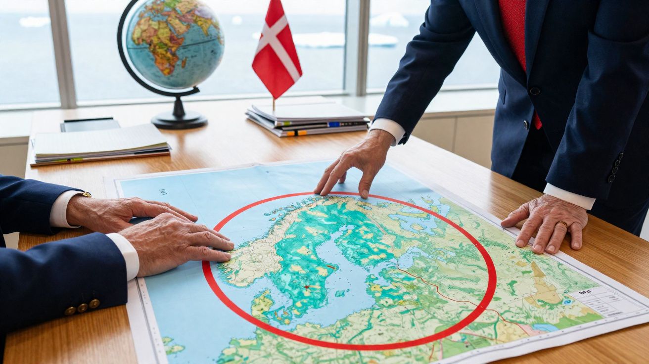 Duas pessoas em fato apontam para um mapa com círculo vermelho numa mesa com globo e bandeira da Dinamarca.