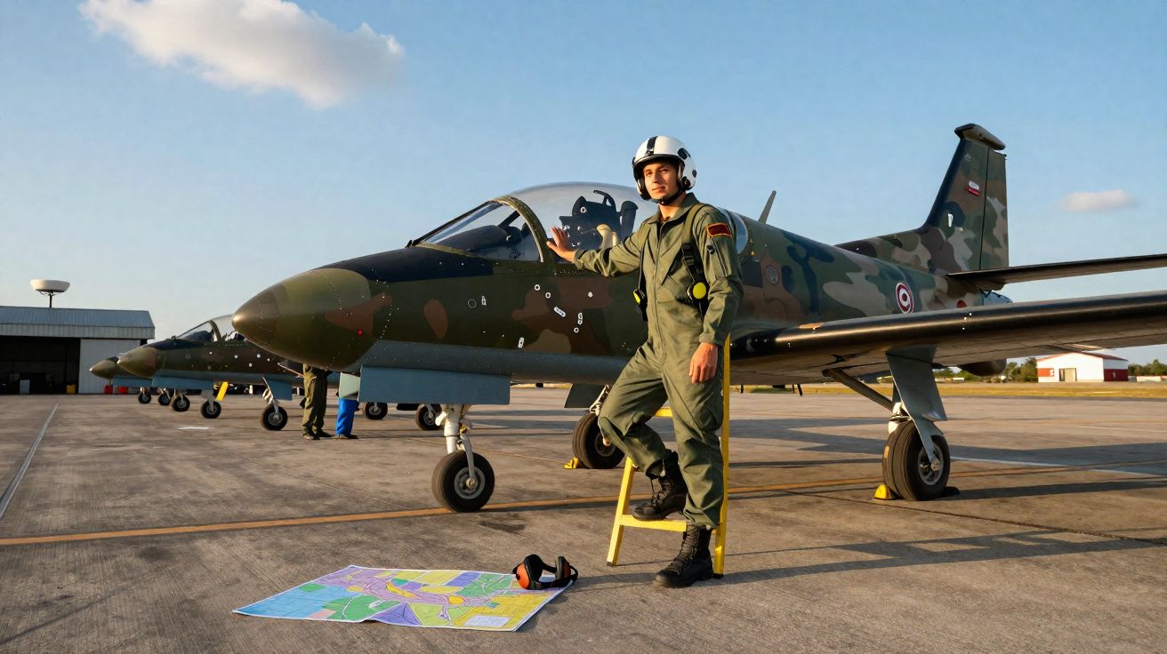 Piloto militar de pé junto a avião camuflado numa pista, com mapa e auscultadores no chão.