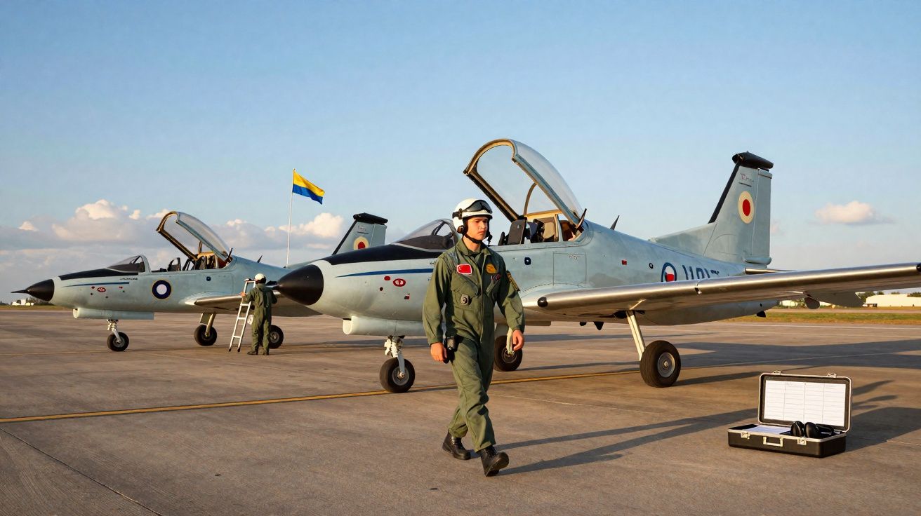 Dois aviões militares estacionados no aeroporto com dois pilotos em fato de voo e capacete.