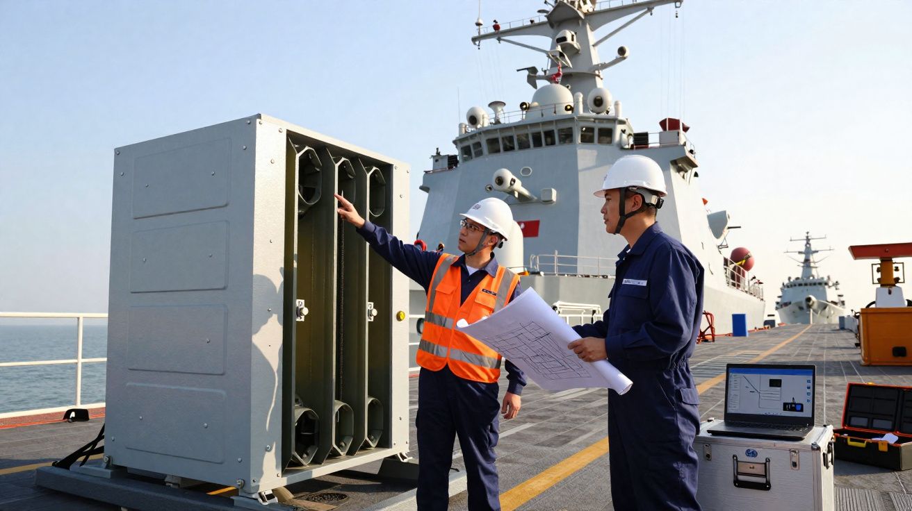 Dois trabalhadores em equipamento de segurança inspecionam equipamento militar numa embarcação naval.