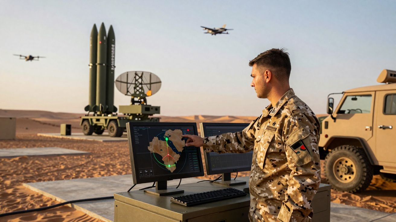 Soldado em uniforme camuflado operando computador com mapa estratégico no deserto, com radar e mísseis ao fundo.
