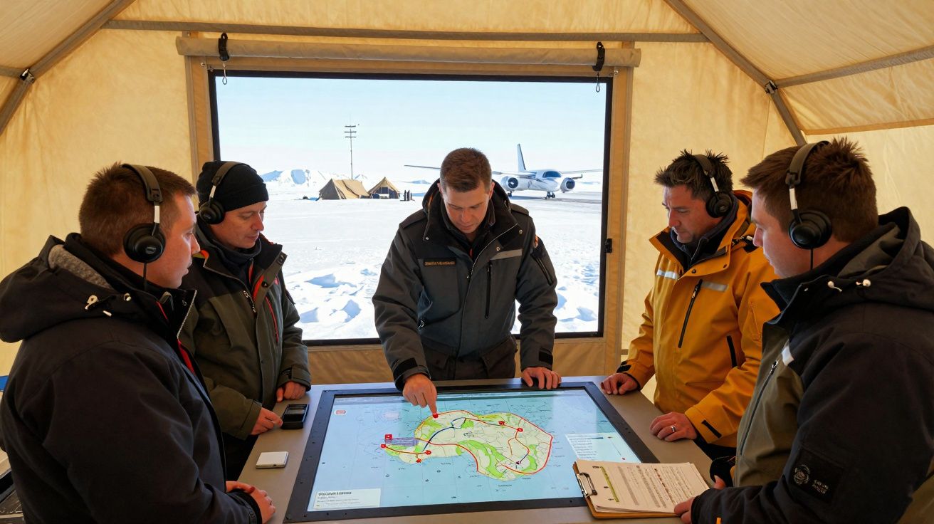 Cinco homens com casacos e auscultadores reúnem-se em tenda para analisar mapa digital com aviões e neve ao fundo.