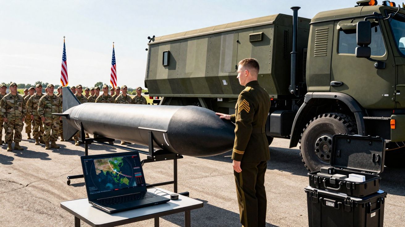Soldado em uniforme militar acende um míssil próximo a grupo de tropas e viatura militar durante demonstração.