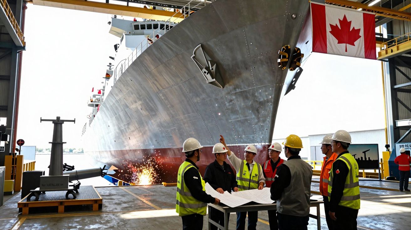 Grupo de trabalhadores com capacetes a discutir planos junto a um grande navio com bandeira do Canadá.