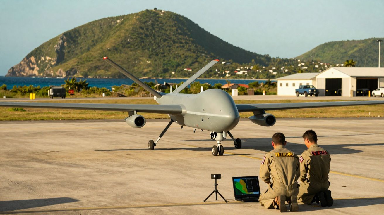 Drone militar cinzento estacionado em pista com dois soldados operando laptop junto ao mar e montanha ao fundo.