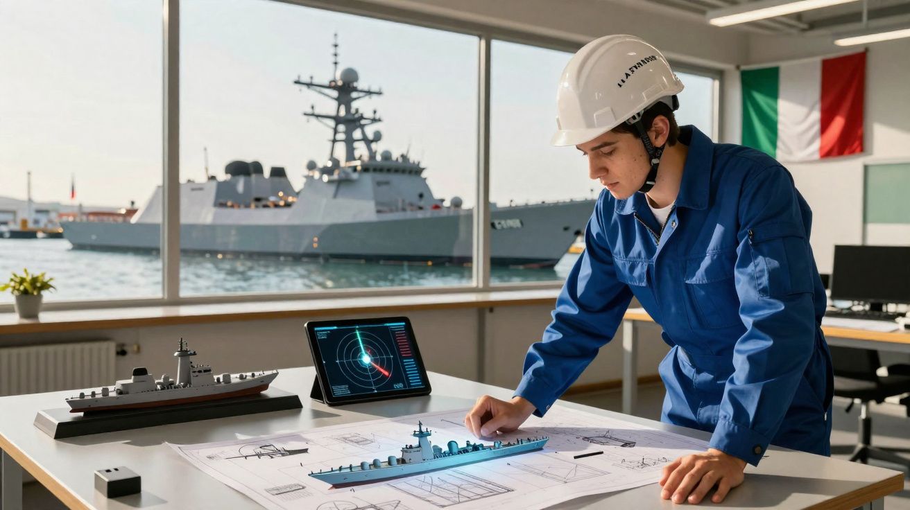 Engenheiro naval a analisar maquetes e planos de navios numa sala com vista para o porto e um navio real.