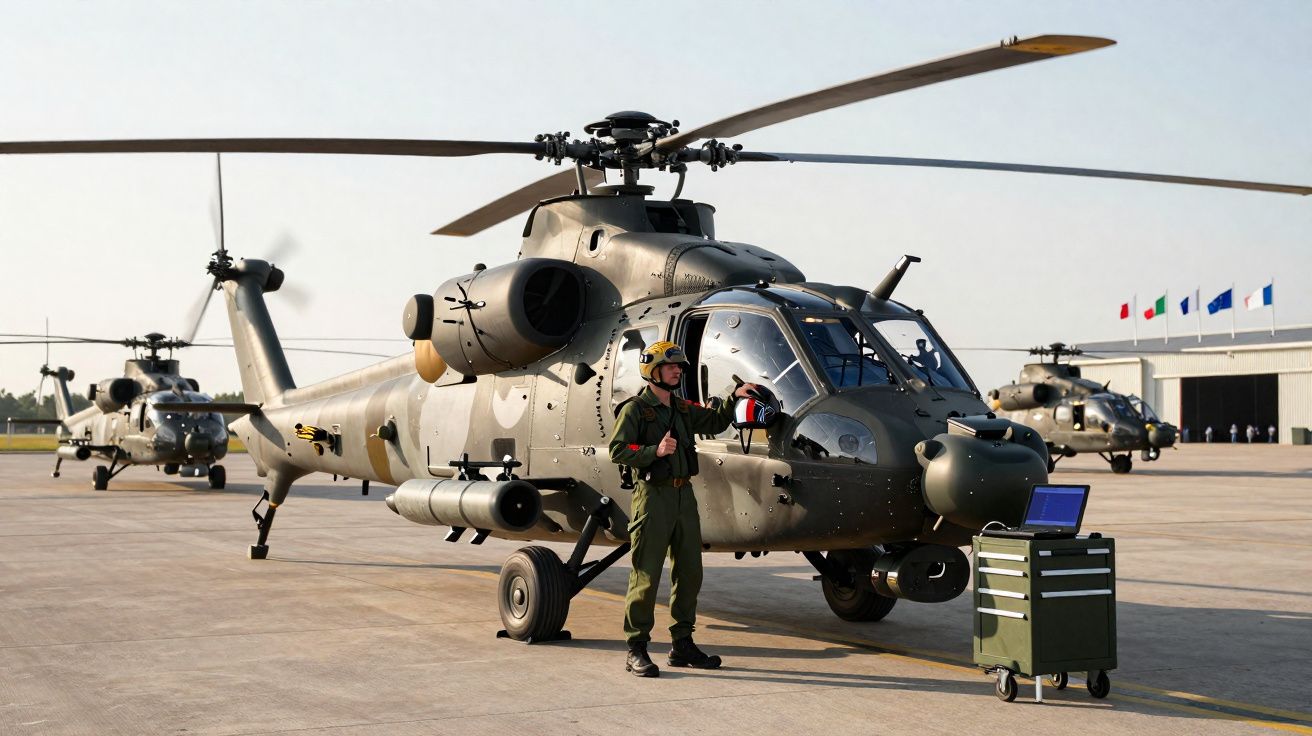 Helicóptero militar estacionado no aeródromo com piloto em uniforme e carrinho de equipamentos ao lado.