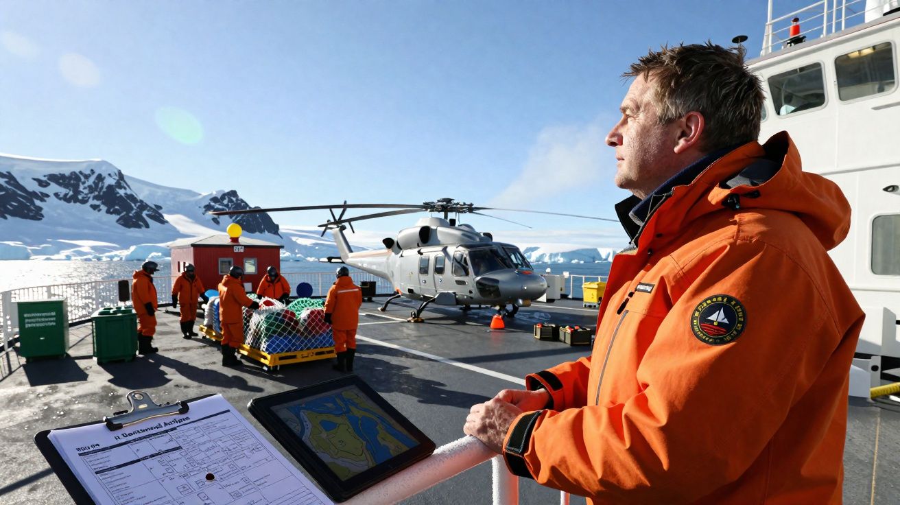 Homem de casaco laranja observa equipa em convés de navio com helicóptero e montanhas de neve ao fundo.