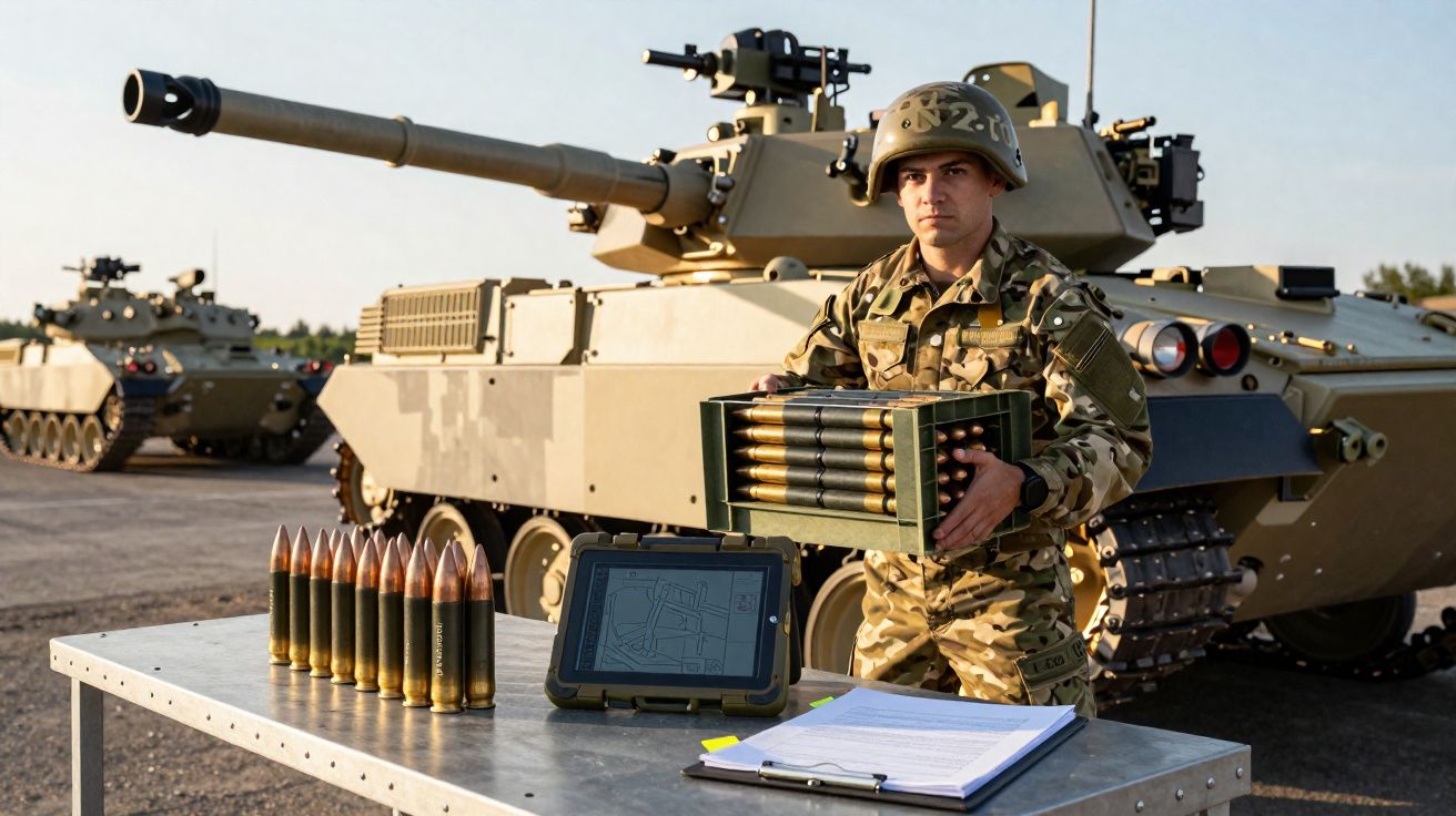 Soldado em uniforme camuflado segura caixa de munições junto a tanque de guerra e munições sobre mesa ao ar livre.
