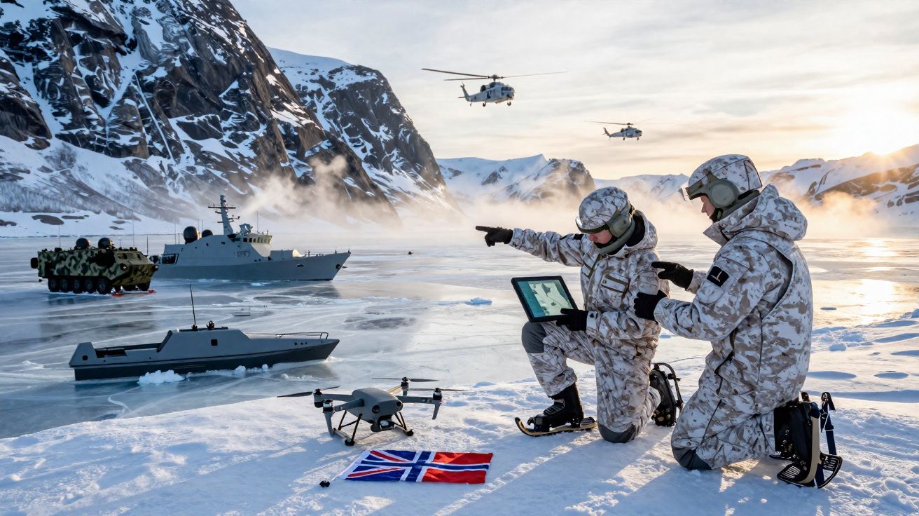 Dois soldados em roupa de camuflagem branca operam drone no gelo com veículos militares e helicópteros ao fundo.