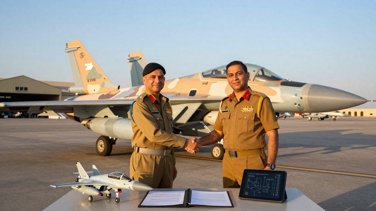 Dois militares apertam as mãos à frente de um caça camuflado no aeroporto, com modelo do avião e documentos na mesa.
