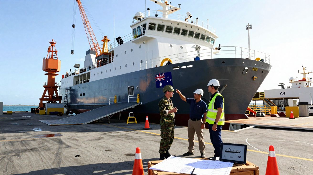 Navio ancorado no porto com três homens a discutir perto, entre cones e equipamentos de trabalho.