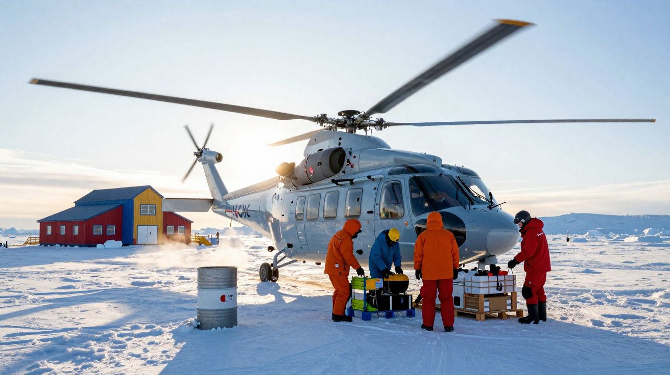 Helicóptero cinzento no gelo com quatro pessoas a preparar equipamentos e cabanas coloridas ao fundo.