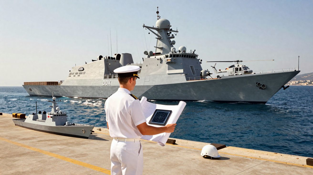 Militar naval em uniforme branco observa modelo e engenhos atrás de doca com navio de guerra no mar.