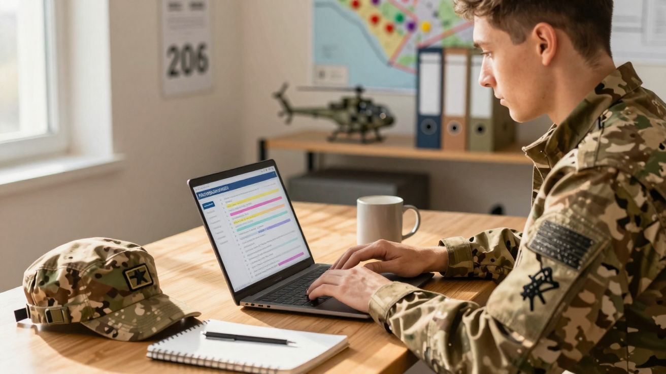 Militar em uniforme camuflado a trabalhar num portátil numa secretária com caderno, caneta e chávena.