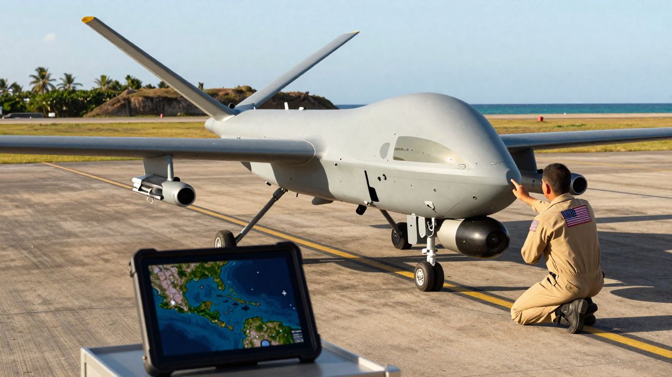 Militar verifica drone armado estacionado numa pista com tablet a mostrar mapa em primeiro plano.