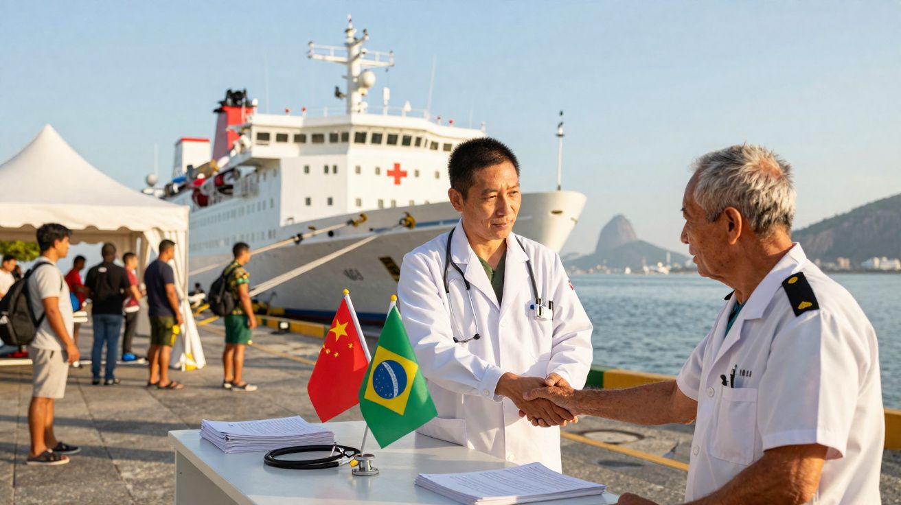 Dois profissionais de saúde a cumprimentarem-se num cais junto a um navio-hospital com bandeiras da China e Brasil.