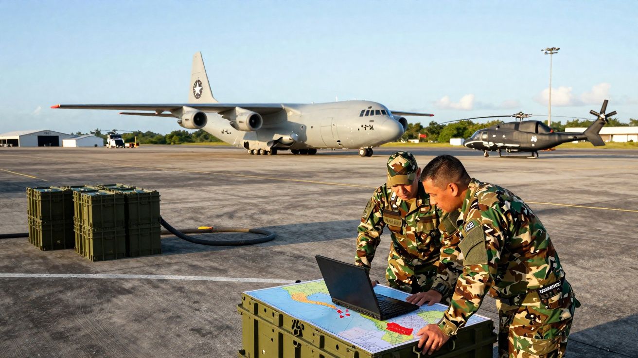 Dois militares em uniforme camuflado consultam um mapa numa caixa, com um avião e um helicóptero ao fundo num aeroporto.