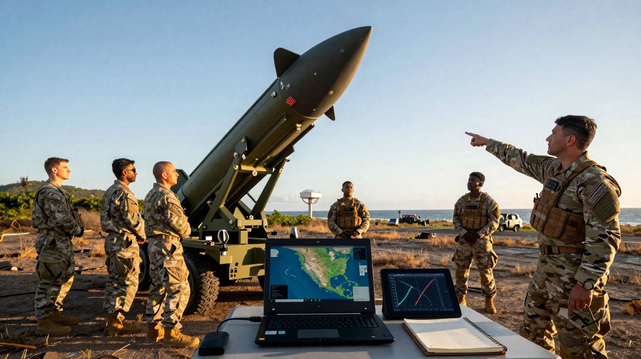 Militares em campo com computador e míssil instalado em lançar, cenário de solos secos e mar ao fundo.