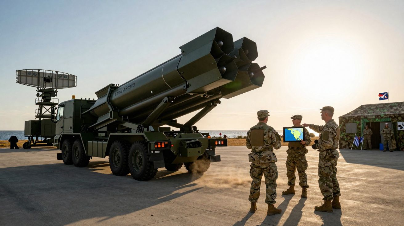 Soldados em uniforme militar com equipamento e veículo de armas junto ao mar ao pôr do sol.