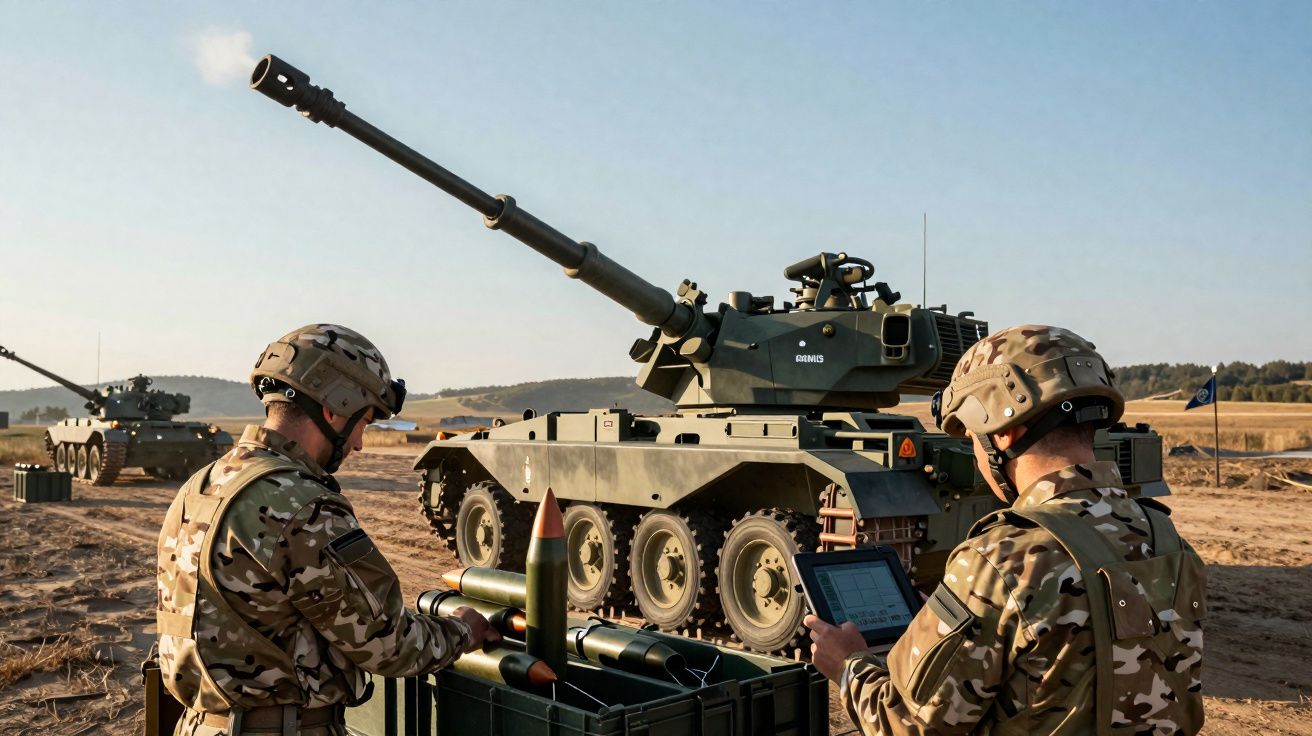 Dois militares com fardas camufladas junto a munições, com veículo blindado e paisagem campestre ao fundo.