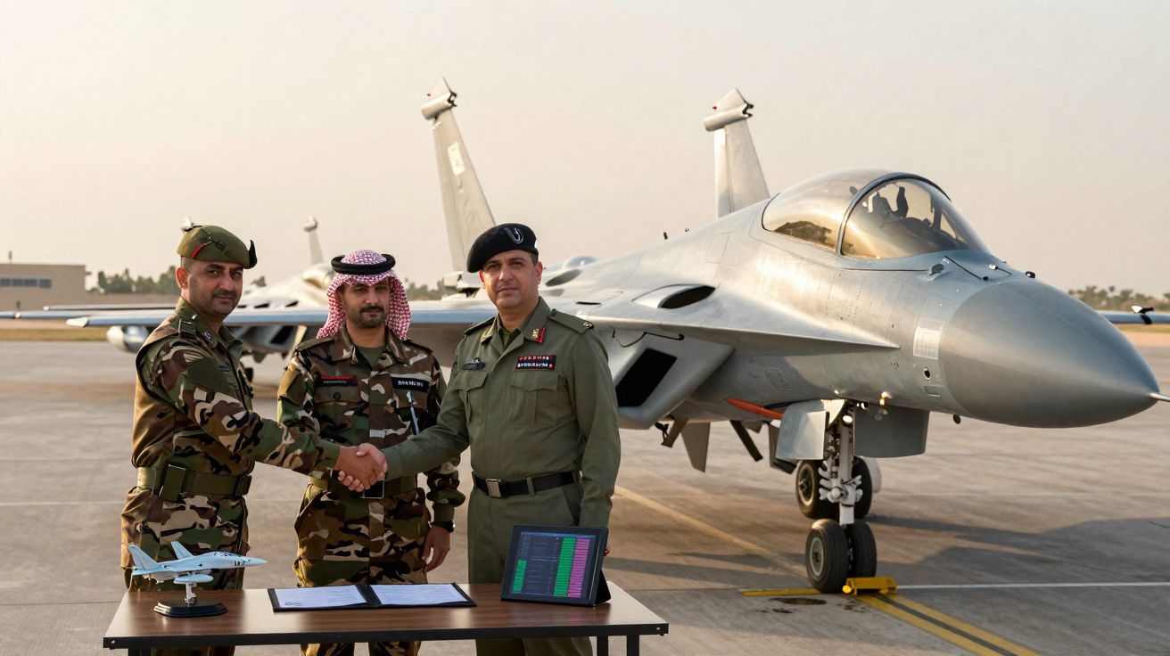 Três militares em uniforme junto a mesa com modelos e documentos, apertando mão, com caça jet ao fundo.