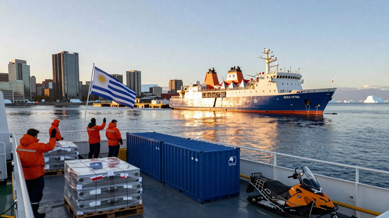 Tripulação com coletes laranja a acenar em navio, bandeira do Uruguai, e navio azul no porto ao pôr do sol.