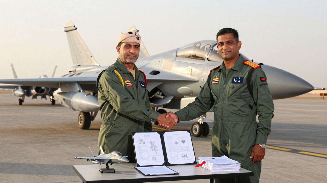 Dois pilotos militares em fato verde a apertar as mãos junto a um avião de caça e documentos numa mesa.
