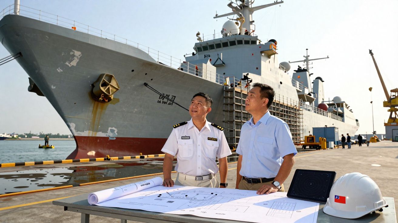 Dois homens junto a um grande navio militar, com plantas e capacete de segurança numa mesa ao ar livre.