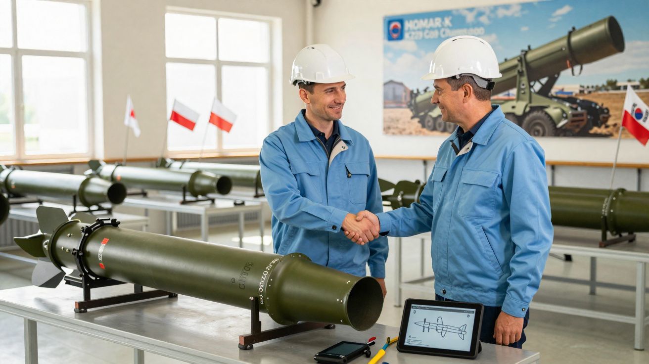 Dois engenheiros com capacete branco a cumprimentar-se numa fábrica de mísseis militares.