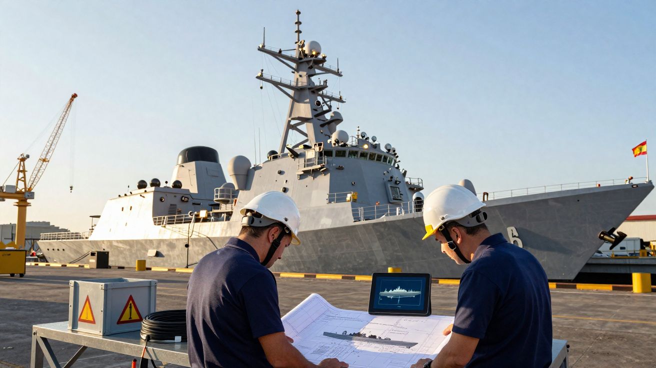 Dois trabalhadores com capacetes a analisar plantas junto a um navio militar ancorado num porto.