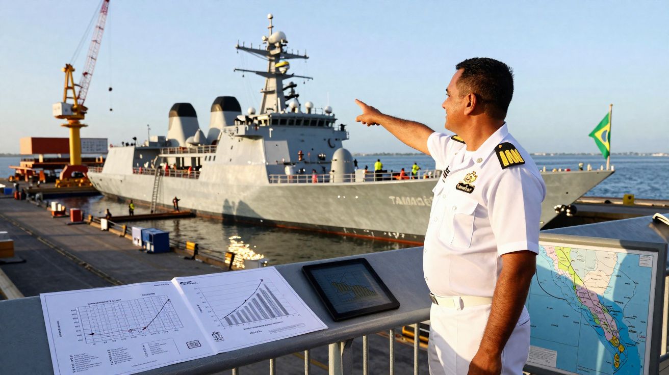 Oficial da marinha em uniforme branco observa e aponta para navio de guerra atracado, com gráficos e mapa na frente.