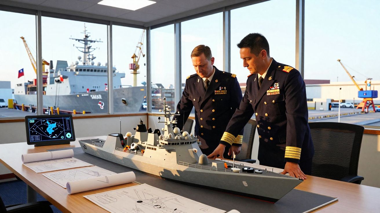Dois oficiais navais analisam uma maquete de navio de guerra numa sala com vista para um porto militar.