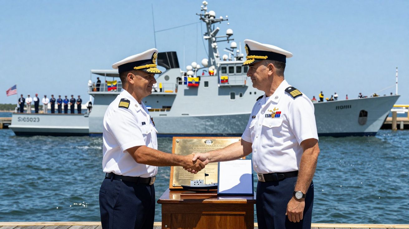 Dois oficiais da marinha em uniforme branco apertam as mãos num convés com navio militar ao fundo.