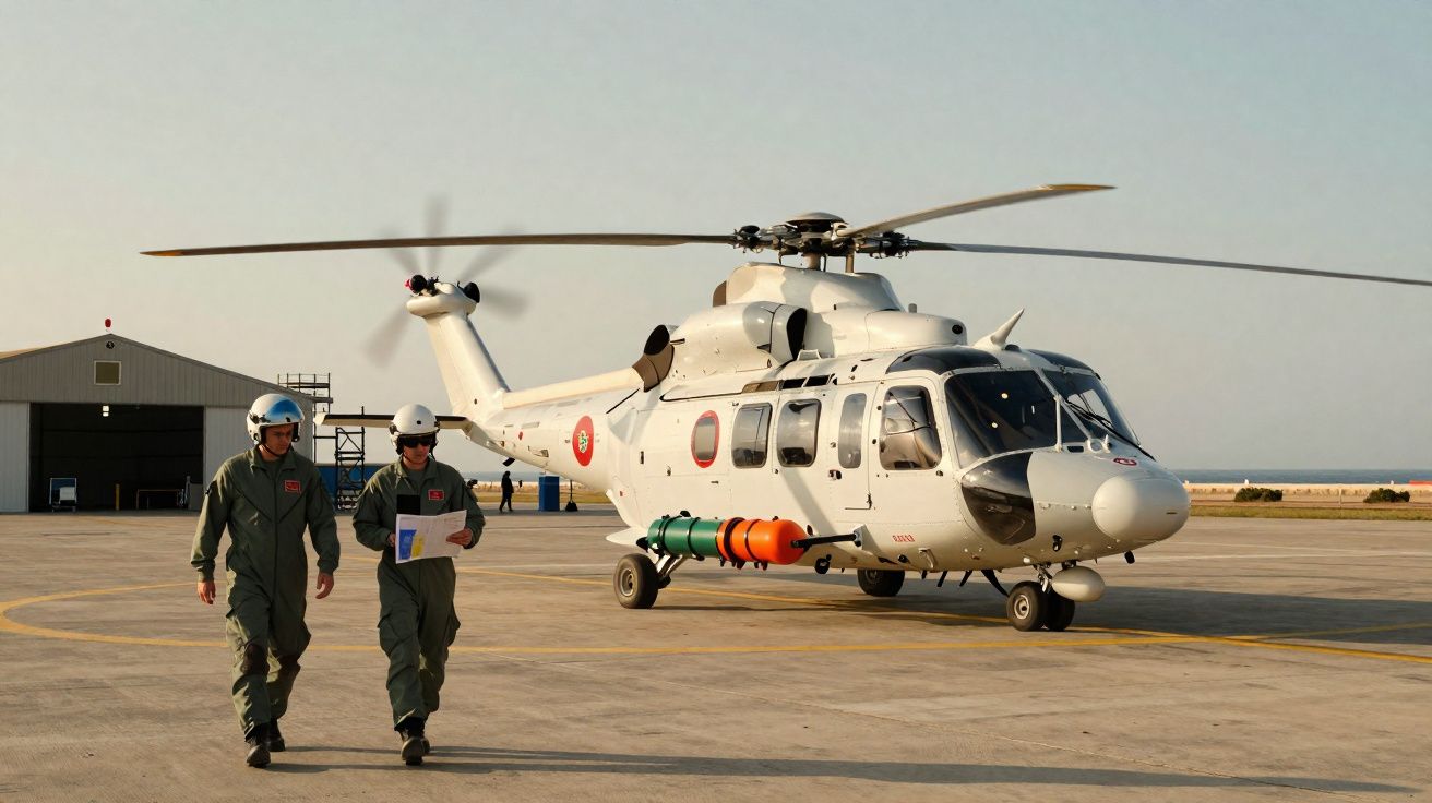 Helicóptero branco da força aérea estacionado em pista com dois pilotos a caminhar ao lado.
