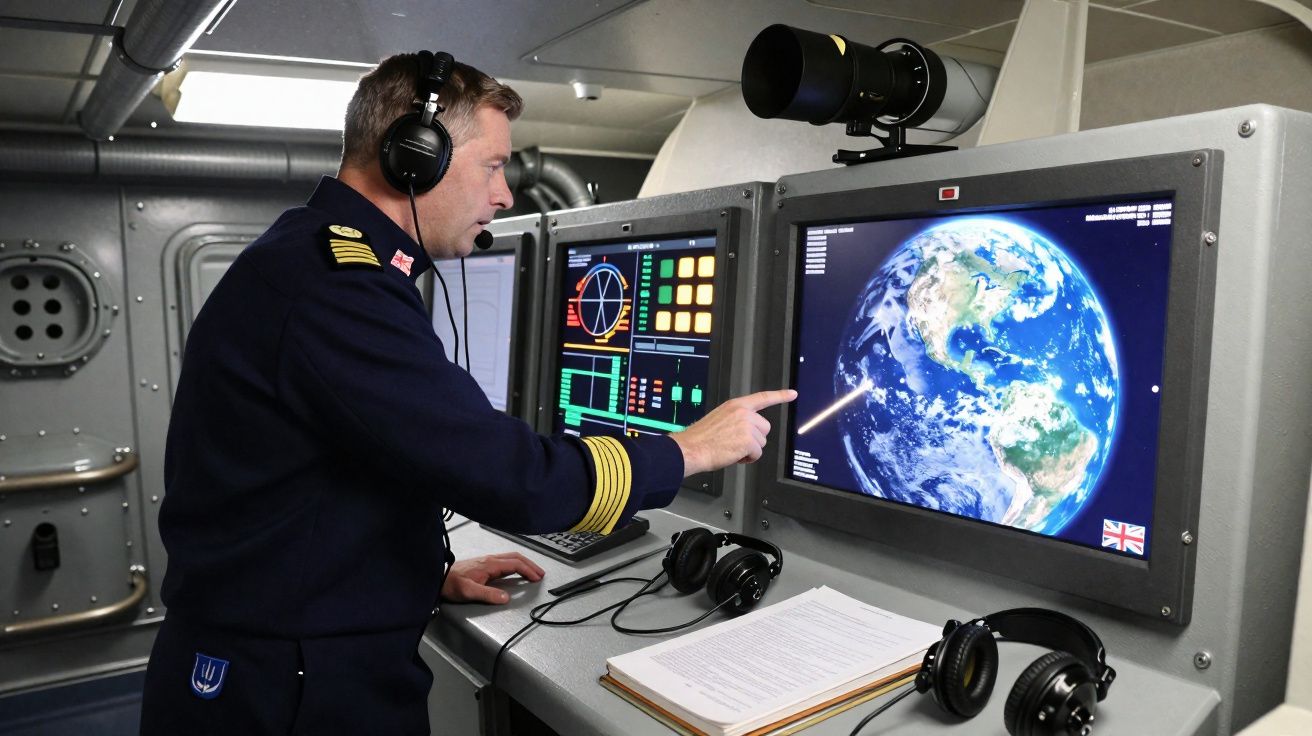Homem em uniforme naval usando auscultadores e apontando para ecrã com imagem da Terra num centro de controlo.