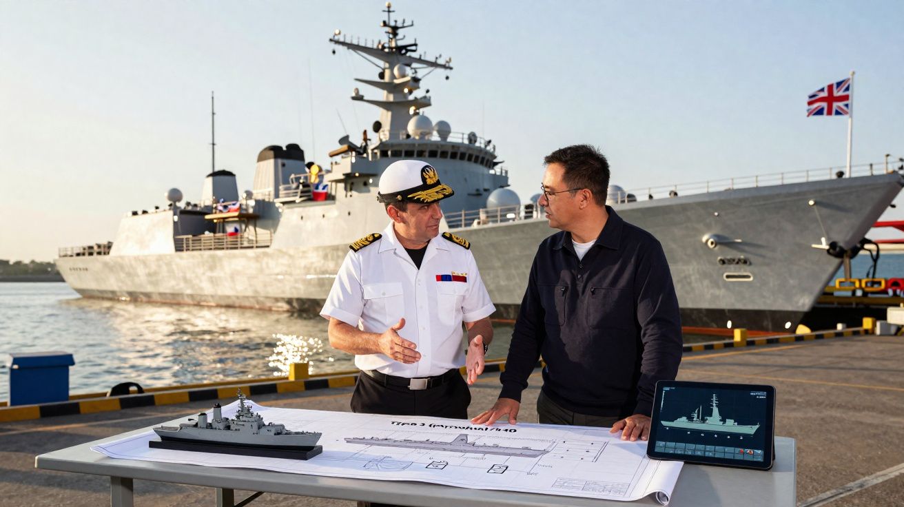 Dois homens discutem planos e maquete de navio militar numa doca com um destróier ao fundo e bandeira britânica.