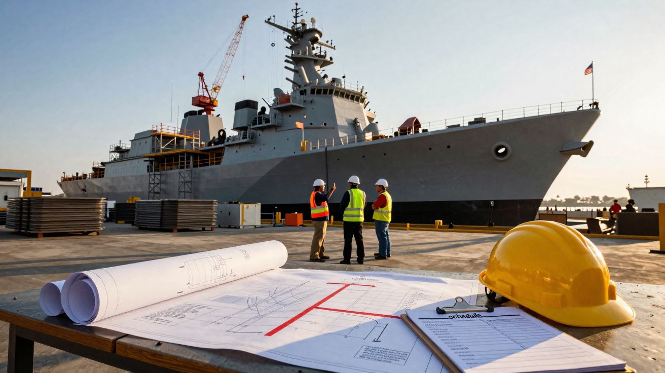 Capacete de construção e plantas numa mesa, com três trabalhadores e um navio de guerra em doca ao fundo.