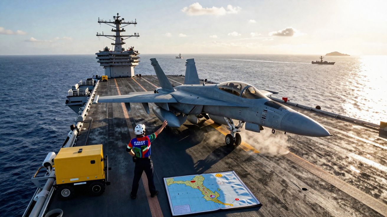 Porta-aviões no mar com caça F/A-18 na pista e operador a dar sinal junto a mapa no convés ao pôr do sol.