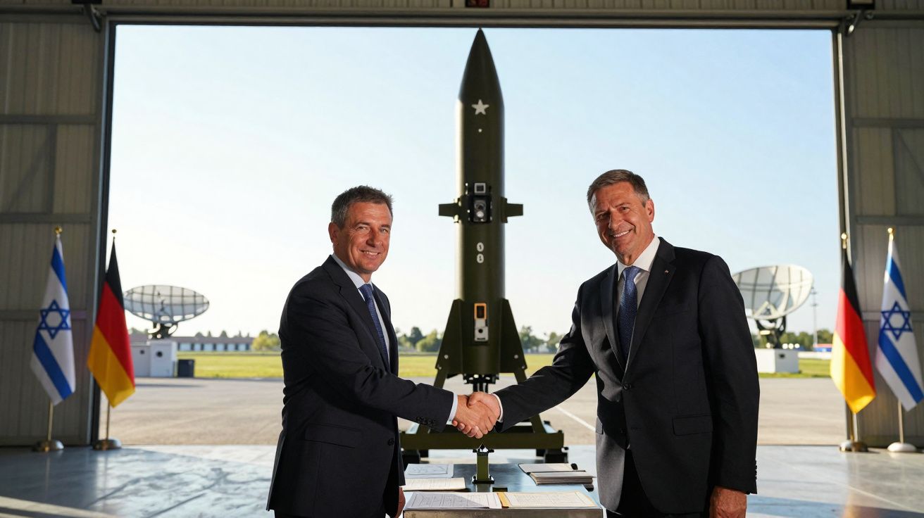 Dois homens de fato apertam as mãos à frente de um míssil numa estrutura com bandeiras de Israel e Alemanha.