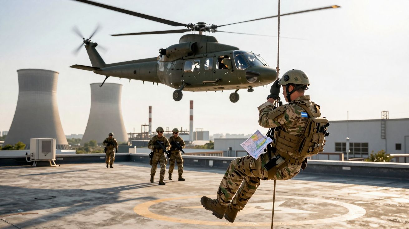 Soldado em treino de descida de corda de helicóptero militar sobre edifício com mais militares e usinas ao fundo.