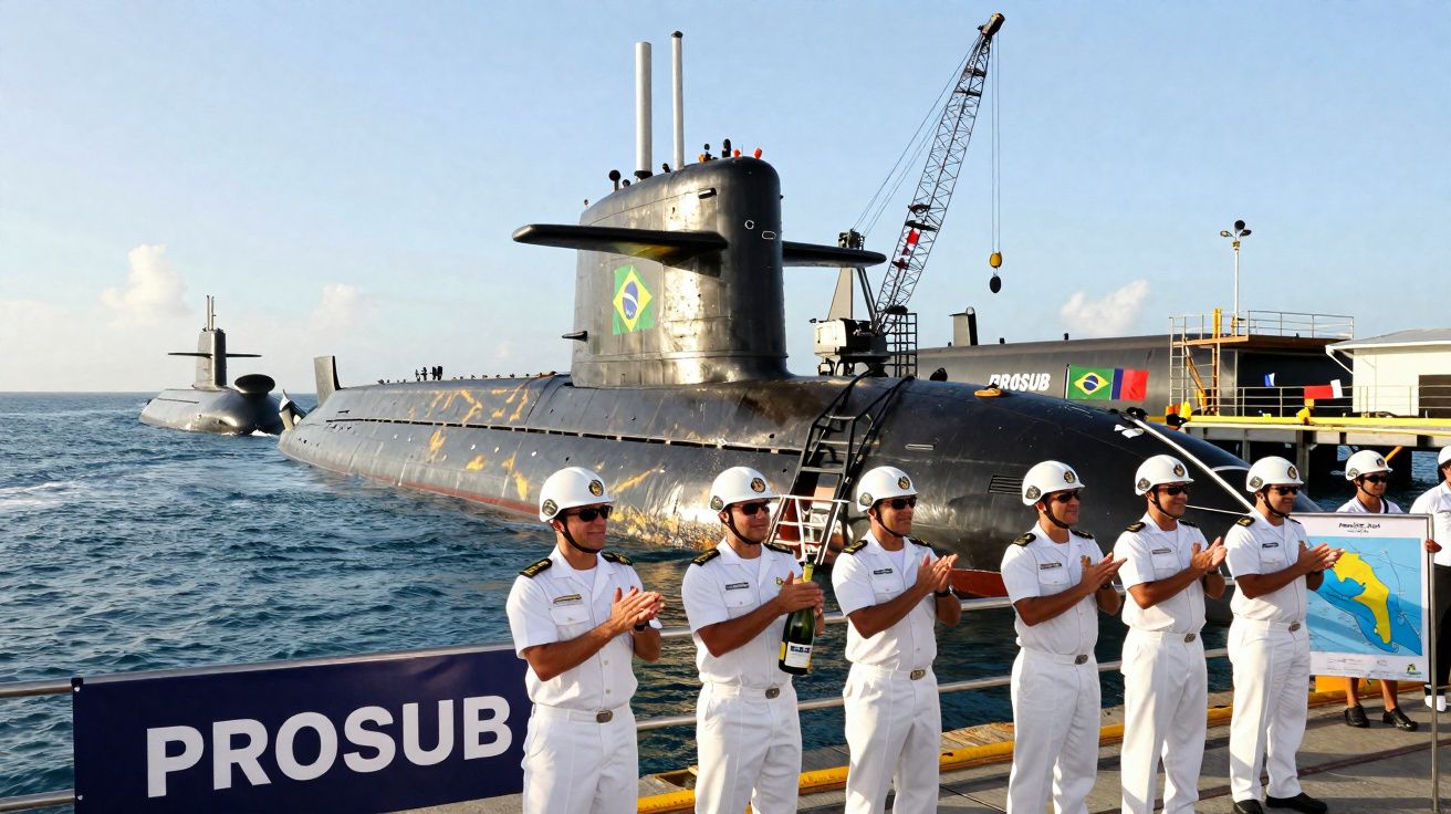 Submarino brasileiro atracado no porto com militares em uniforme branco a aplaudir na frente.