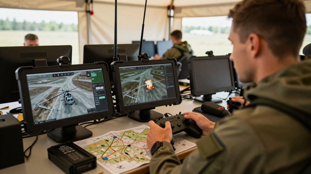 Militar controla drone viajo monitor com jogo de simulação de voo e combate armado em ambiente interno.