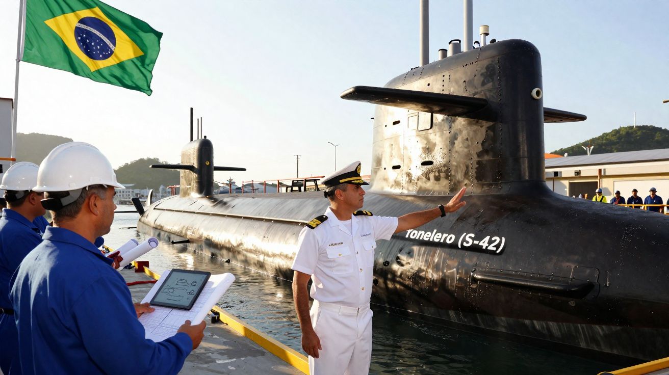 Oficiais navais brasileiros inspecionam submarino Tonelero (S-42) atracado num cais com bandeira do Brasil ao fundo.