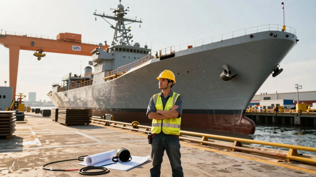 Homem com colete amarelo e capacete junto a grandes planos e navio cinzento no cais de um porto.
